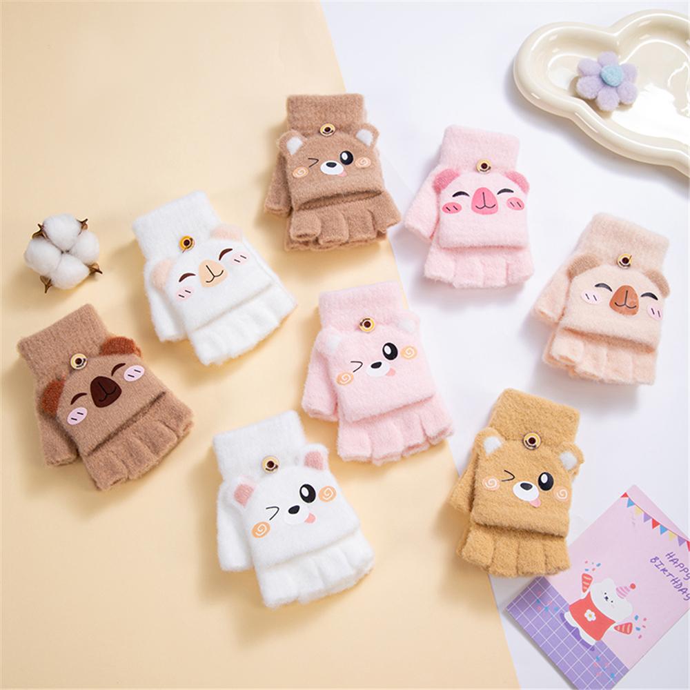 Capybara Student Half-Finger Flip Gloves Mink Fleece Warm Knitted Mittens  for Boys Girls