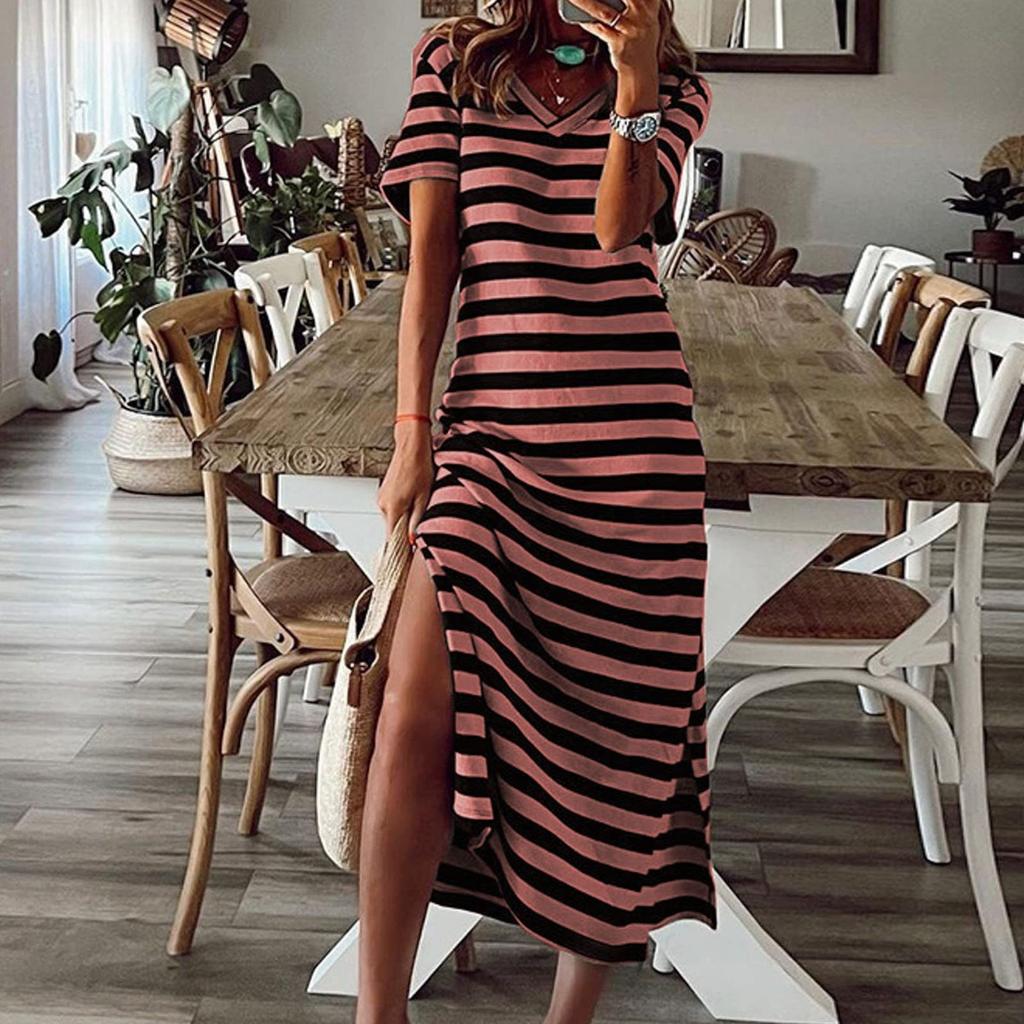 Women's Striped Side Slit Midi Dress V Neck Short Sleeve Casual Holiday Loose Dress