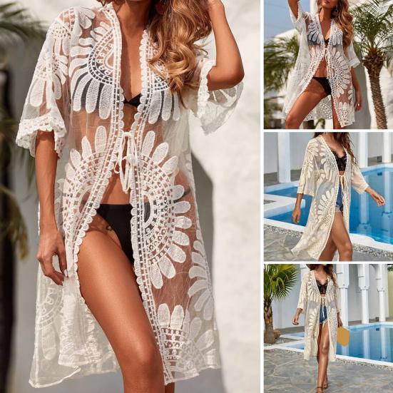 Summer Sun Protection Cardigan Elegant Beach Cover Female Garment Up See-through Lace Sunscreen Perspective Lace Up Beach Cover U