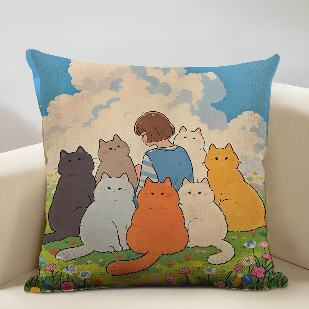 1 Cartoon Cute Cat Picture ForWake Up Cushion Cover Household Decoration Linen Sofa Cushion Cover: Skin-Friendly & Breathable Wi