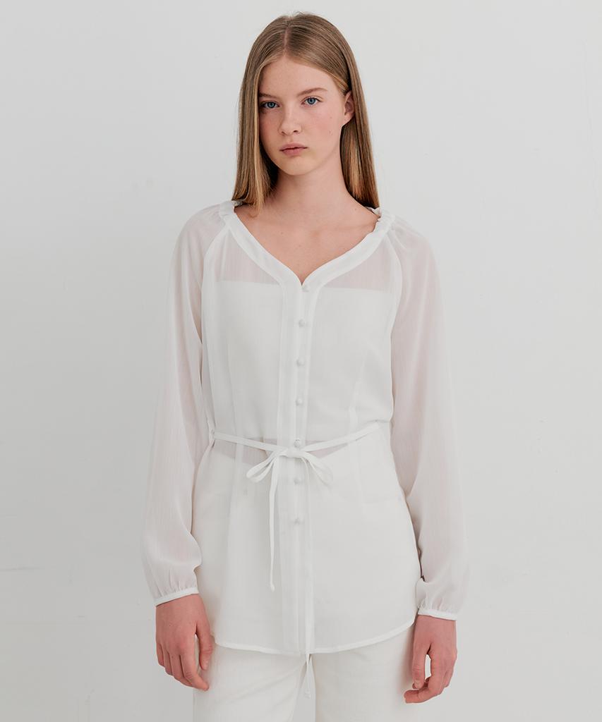 ITOV SEOUL Shirred Belted Blouse White