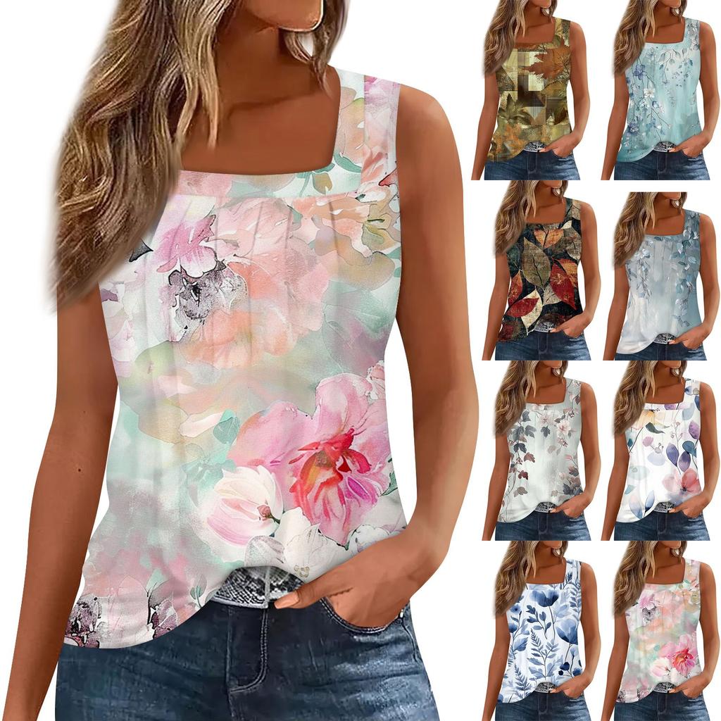Top Gilet da Donna alla Moda Plissettato Stampato con Scollo Quadrato