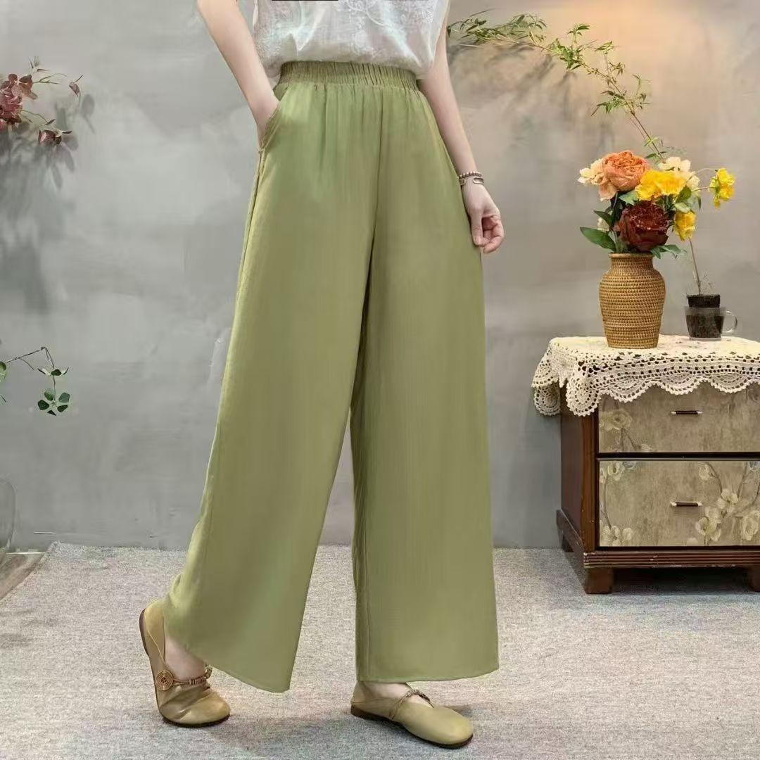 

2026 Spring/Summer High-Waisted Slimming Wide-Leg Pants for Middle-Aged and Elderly Moms 3XL [Recommended for 130-160 kg] зелений