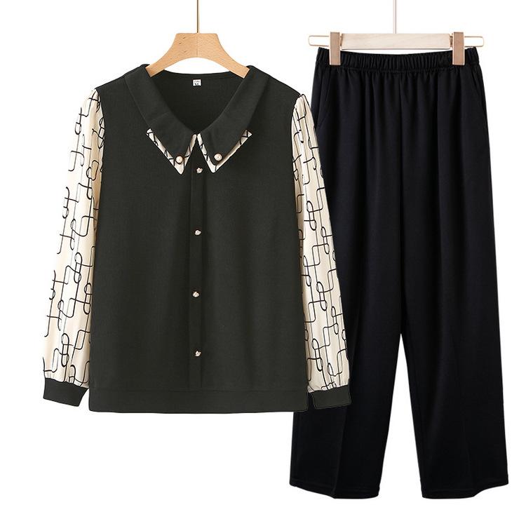 Middle-aged and Elderly Women's Fashionable T-shirt New Top Fake Two-piece Middle-aged Mother's Spring and Autumn Long-sleeved Base Shirt