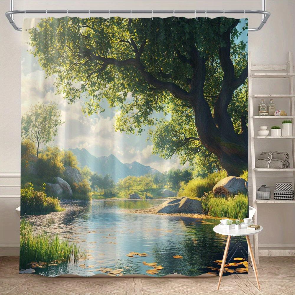 Waterproof Shower Curtain with a Majestic Tree and Serene Lake Design for a Nature Inspired Bathroom Decor Experience W90XH180cm