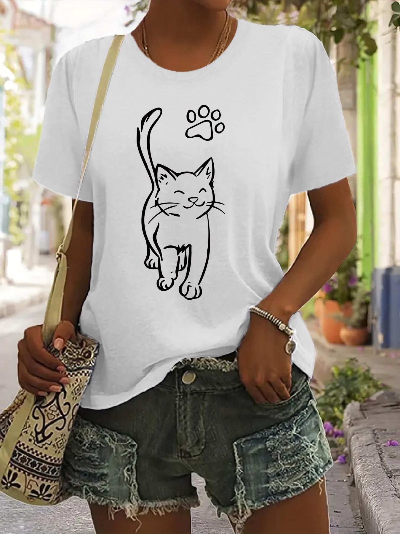 

Charming Cat Print T-Shirt for Women Casual Crew Neck Short Sleeve Top Urban Style Printed T-Shirt Fashionable for Women Trendy S