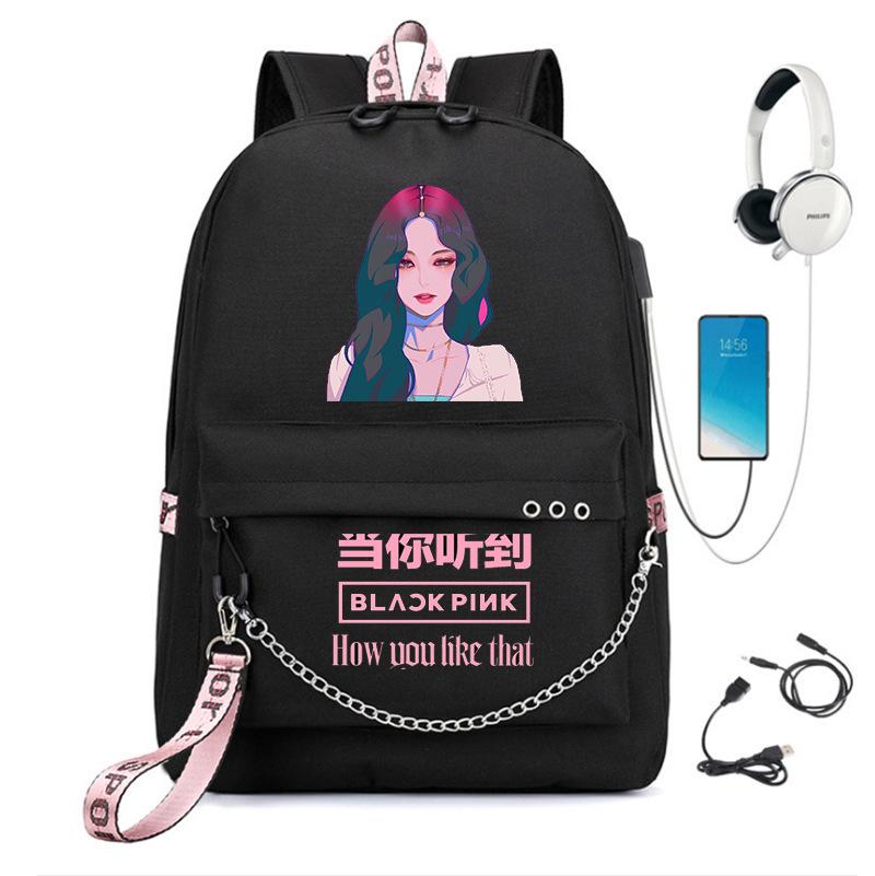 Fashion Black Backpack Pink Girl School Bag Travel Bag Laptop Chain Backpack Usb Headphone Port