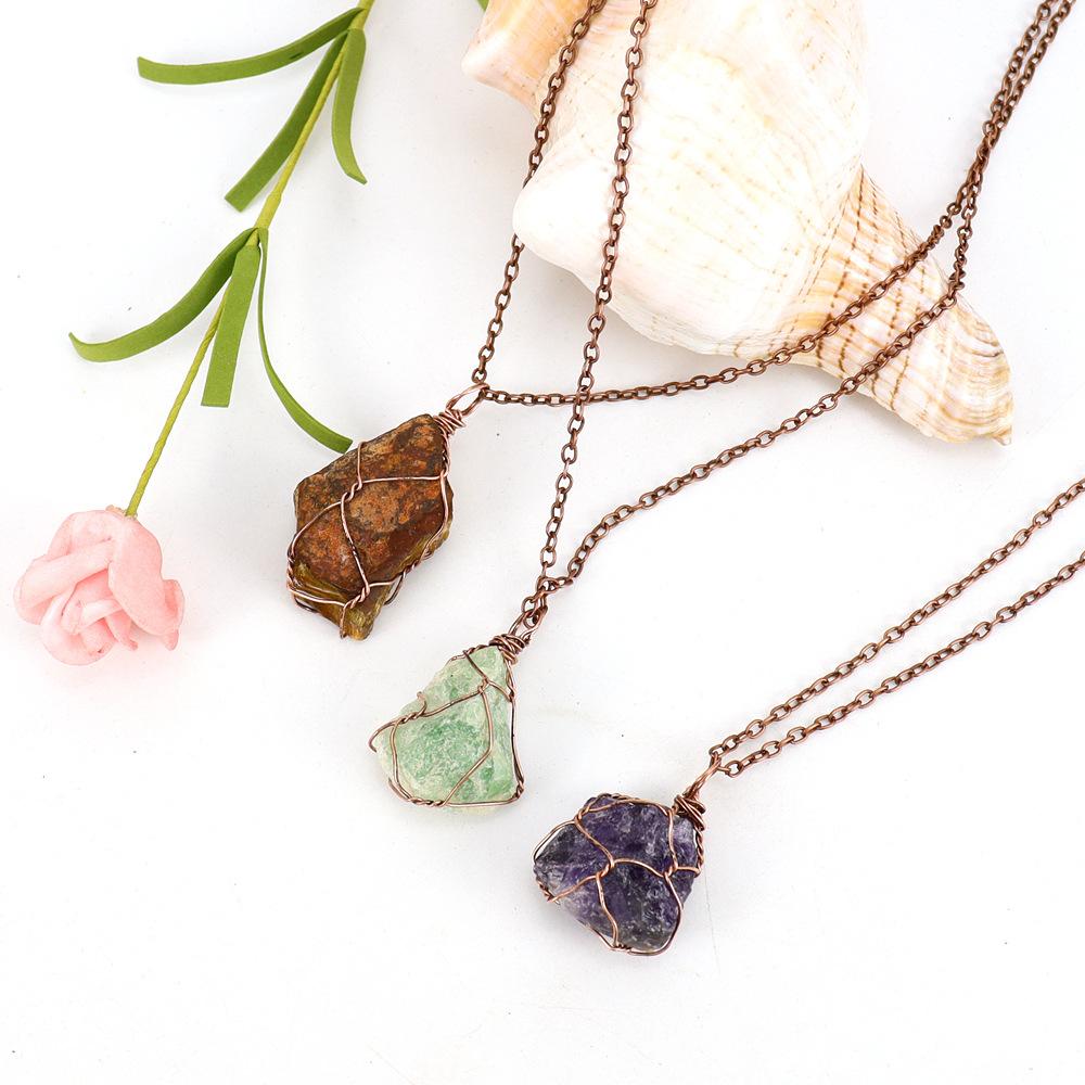 Irregular Natural Crystal Amethyst Rough Stone Pendant Handmade Silk Mesh Pocket Necklace N652