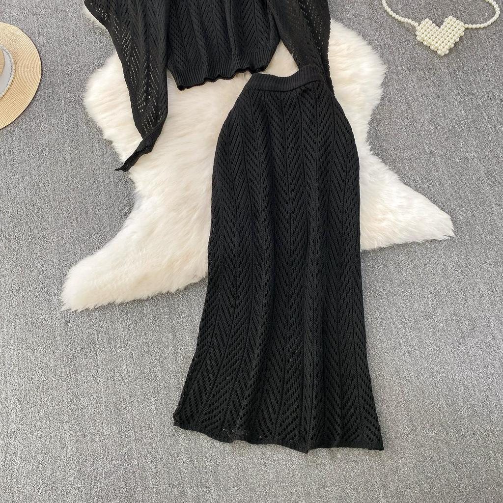 Summer Women Casual Perspective Knitted Sweater 3 Piece Set Sleeve Pullover Top Shawl and Long Midi Sheath Skirt Suit