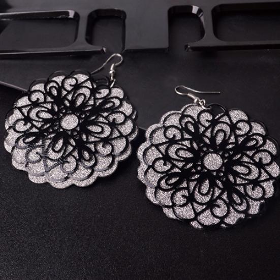 Women Vintage Ethnic Chic Large Round Hollow Flower Dangle Eardrops Hook Earrings