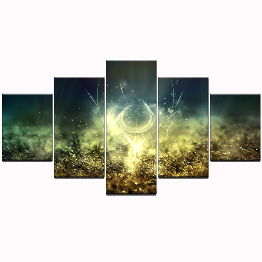Canvas Painting 5 Pieces Modular Mediterranean Style Abstract Grass Shine In the Grass Wall Picture for Home Decor Artwork