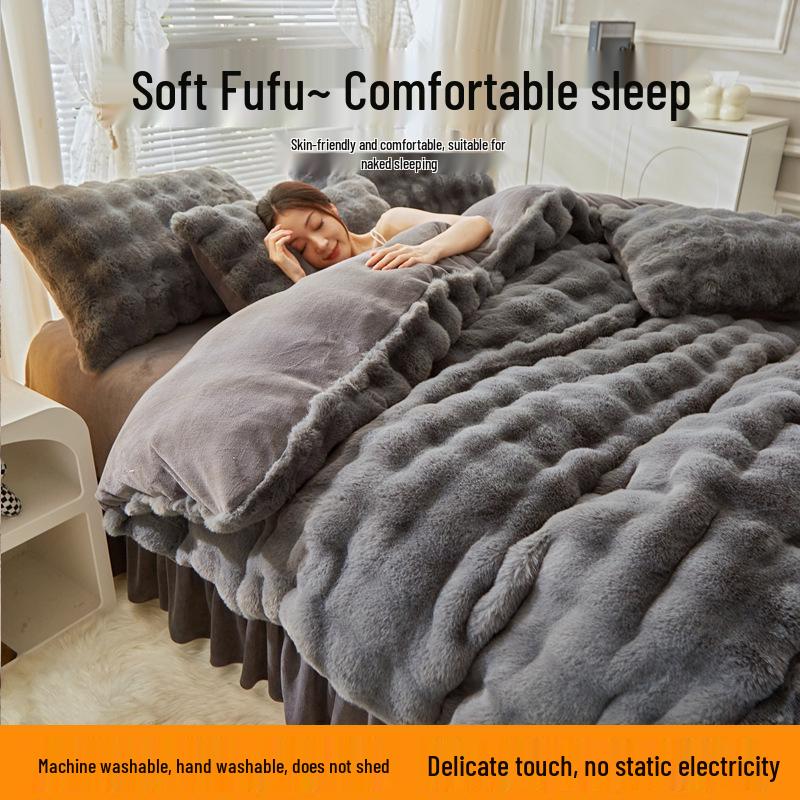Winter Plush Bunny Fur Bedding Set: Double-Sided Milk Velvet and Coral Fleece Duvet Cover with Skirt