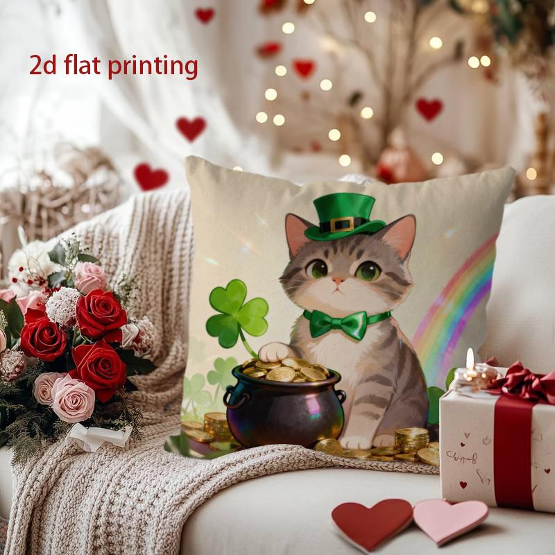 Cute Cat with Rainbow and Clovers Pillow Cover Pattern Cushion Cover Suitable for Sofa Bedroom Car Pillow Cover