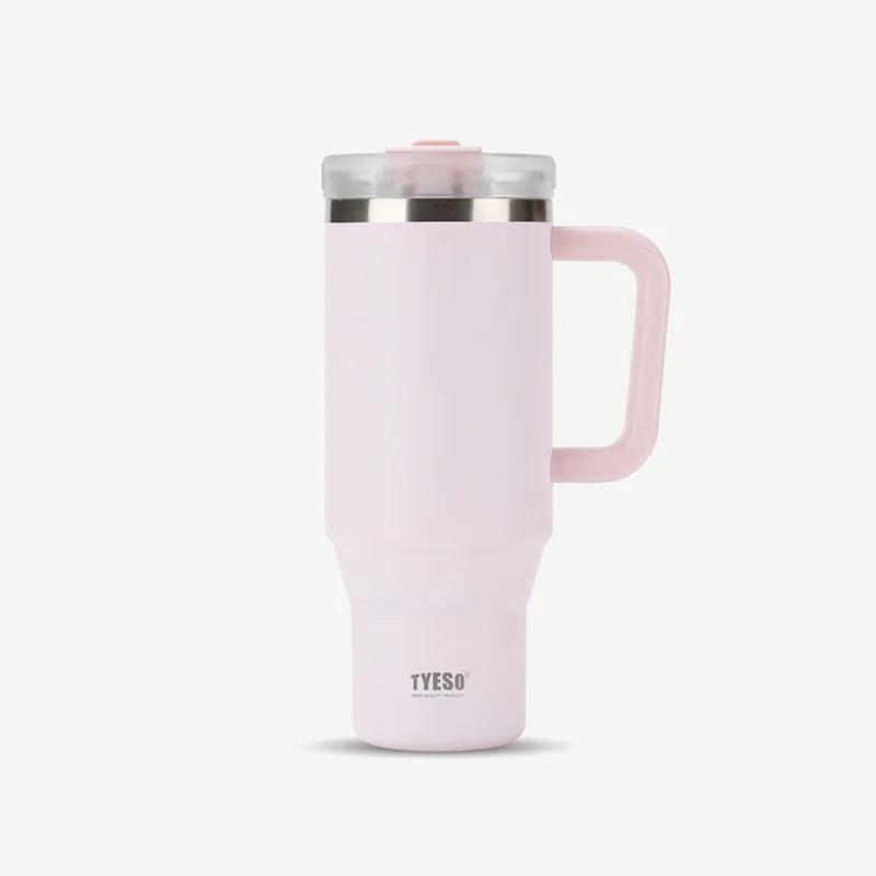 Tyeso 900/1200ml Edelstahl Vakuumbecher Auto Isolierbecher für Kaffee mit Griff Outdoor Bergsteigen Tragbarer Wasserbecher 900ml pastel rosa
