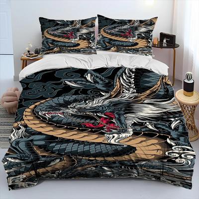 Bettwäsche-Set mit Drachen-Cartoon-Motiv, Bettbezug, Bettset, Steppdecke, Kissenbezug, King-Size-Bettwäsche-Set für Erwachsene und Kinder