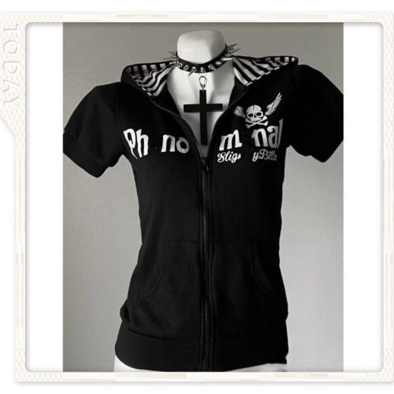 

2KWEIRD Y2K Субкультура Принт Черепа Кардиган на молнии Короткий рукав Женский Япония Облегающий Полосатое худи Повседневные топы Мода Уличная одежда Одежда L