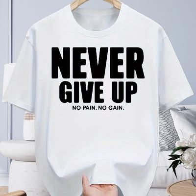 Mens Clothing for Spring and Summer Soft Cotton Never Give Up Printing Daily Fashion Wear Short Sleeved Round Neck Tshirt