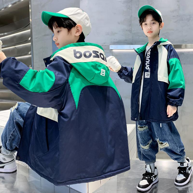Boys' Fashion Coat Spring and Autumn Children's Bear Print Hooded Trench Coat