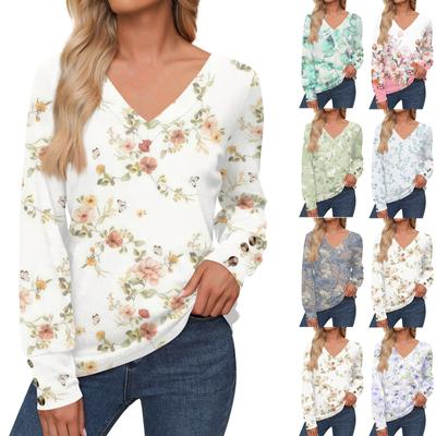 Women's Tops Floral Print Long Sleeve Shirt V Neck Casual Loose Tee Autumn Clothing