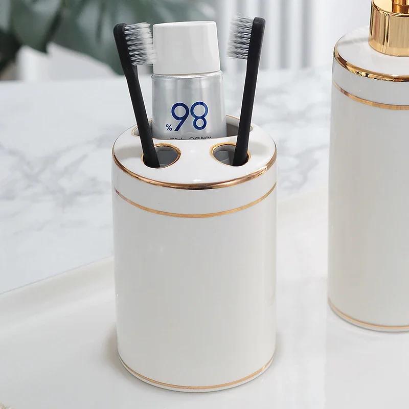 Gilded Ceramic Bathroom Accessories Set Portable Soap Dispenser Mouth Cup Toothbrush Holder Soap Dish Tray Bathroom Supplies