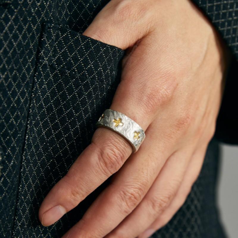 Adjustable Plated Cross Ring Men Women With Hammered Texture Minimalist Statement Finger
