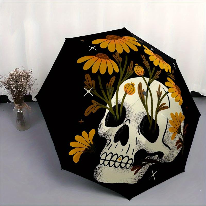 1pc Skull Flowers Auto Open/Close Leisure Umbrella, Portable Folding Umbrella for Travel, Themed Events, It is suitable as a gift for various festival