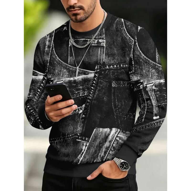 Fashion Men's Crew Neck Long Sleeve 3D Casual Color Printing Casual Long Sleeve Crew Neck T-Shirt