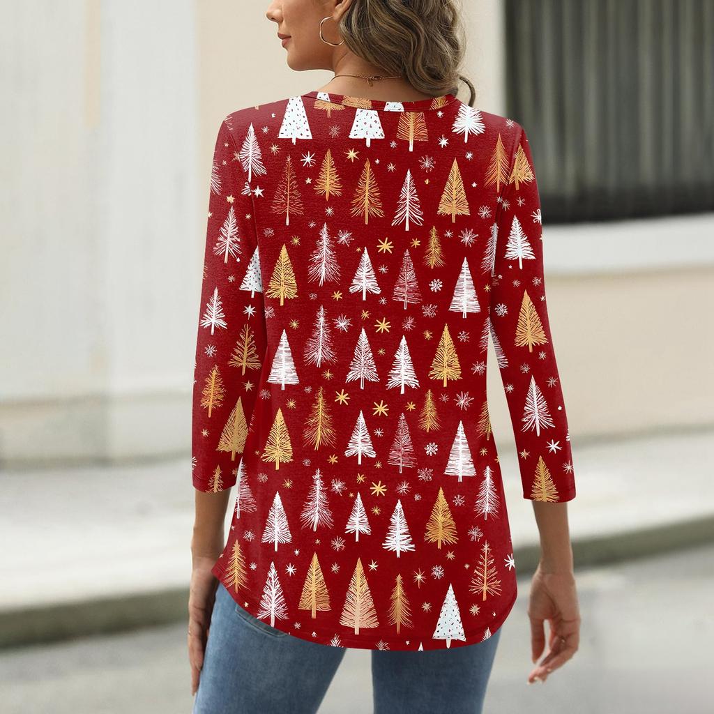 Women's T Shirt Christmas Print 3/4 Sleeve Daily Weekend Fashion Basic Round Neck Regular Top