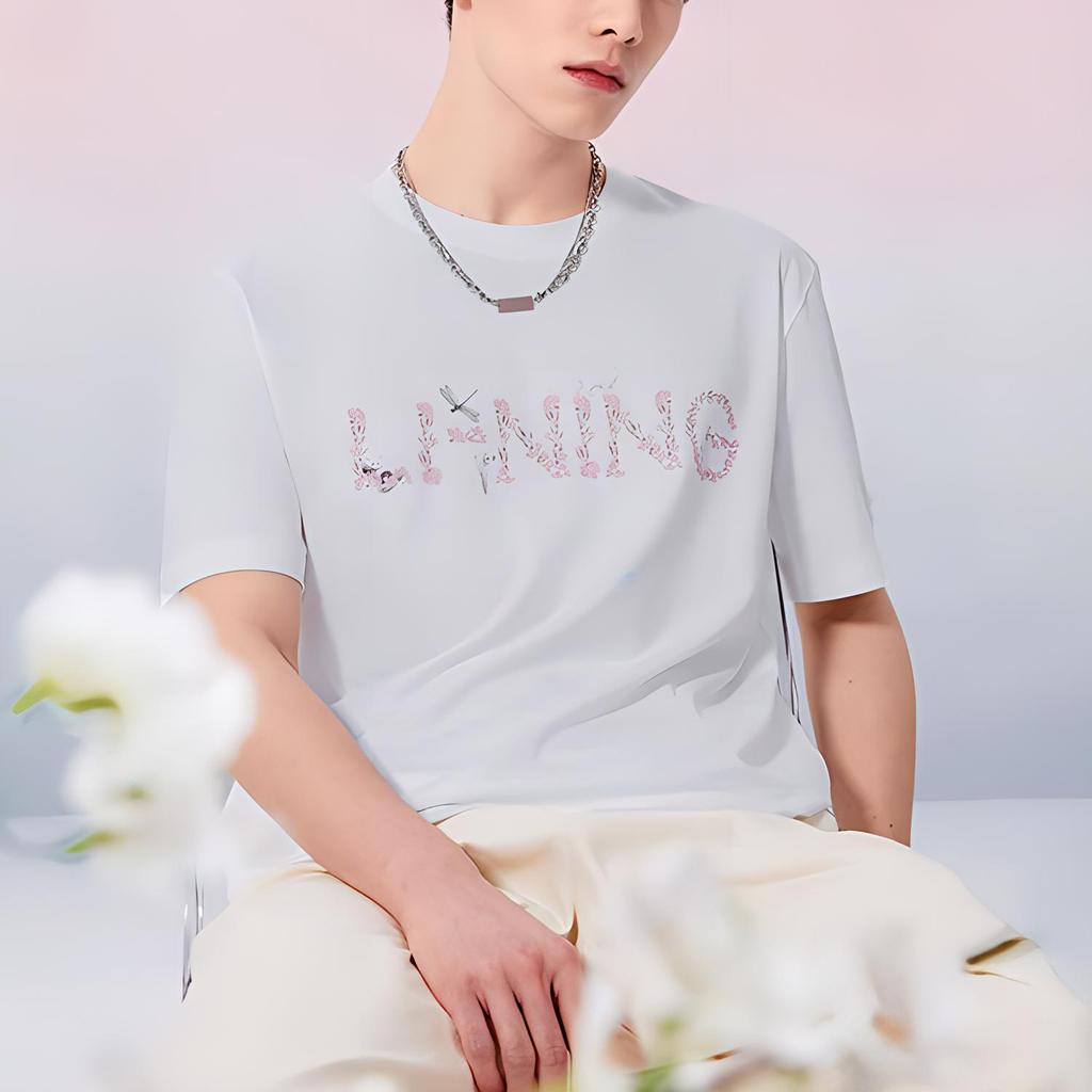 Li Ning Sports Trend Series Cherry Blossom Casual Breathable Printed T-Shirt Unisex Tops White AHSS919-1