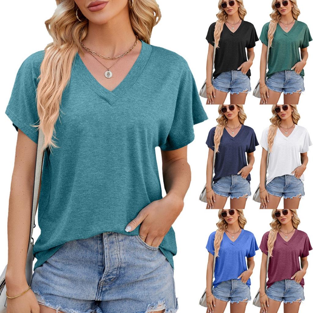 Spring Summer New Women's V Neck Solid Color Loose Short Sleeve T-shirt Top for Leisure New style Leisure Trade