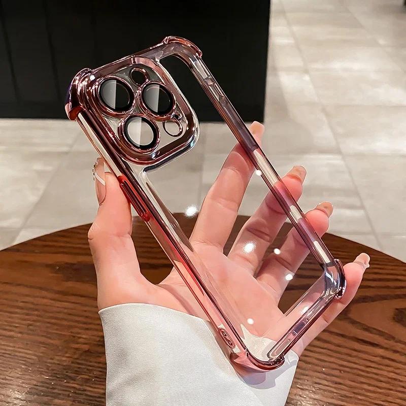 Coque de téléphone transparente antichoc plaquée électro-dorée de luxe pour iPhone 17 16 15 14 13 12 11 Pro Max avec protection d'objectif Bumper Cover