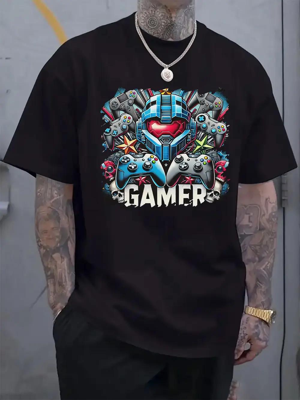 Gamer Graphic Print Short Sleeve T-shirt - Bold Gaming Controllers Heart Design XXXXL