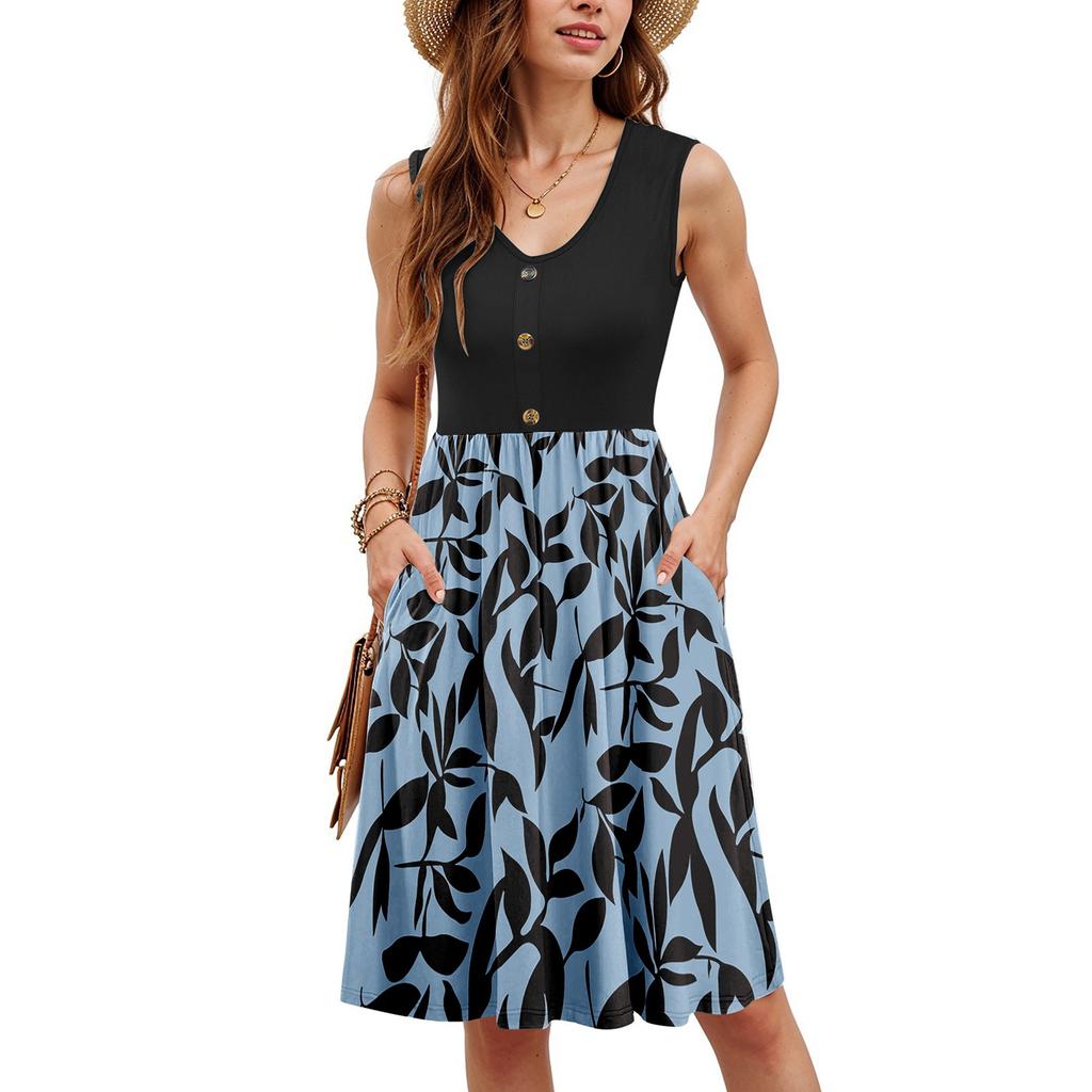 Women Summer Dresses Sleeveless Casual Loose Swing Button Down Midi Sundress With Pockets