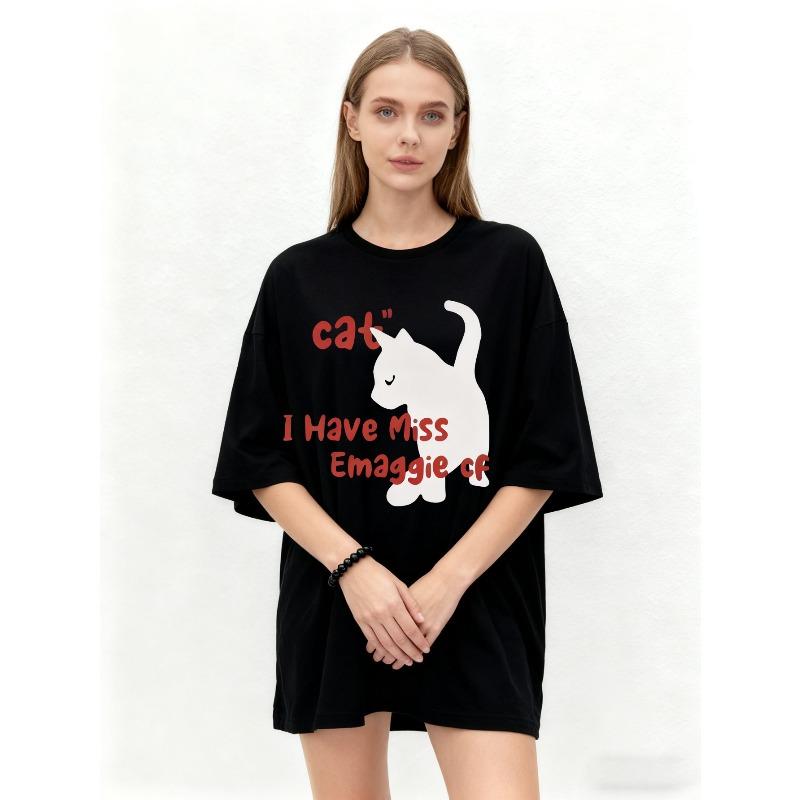Oversized T Shirt Black Cat Graphic Print With Text I Have Miss Emaggie cf Casual Wear For Women Streetwear Fashion Summer Top