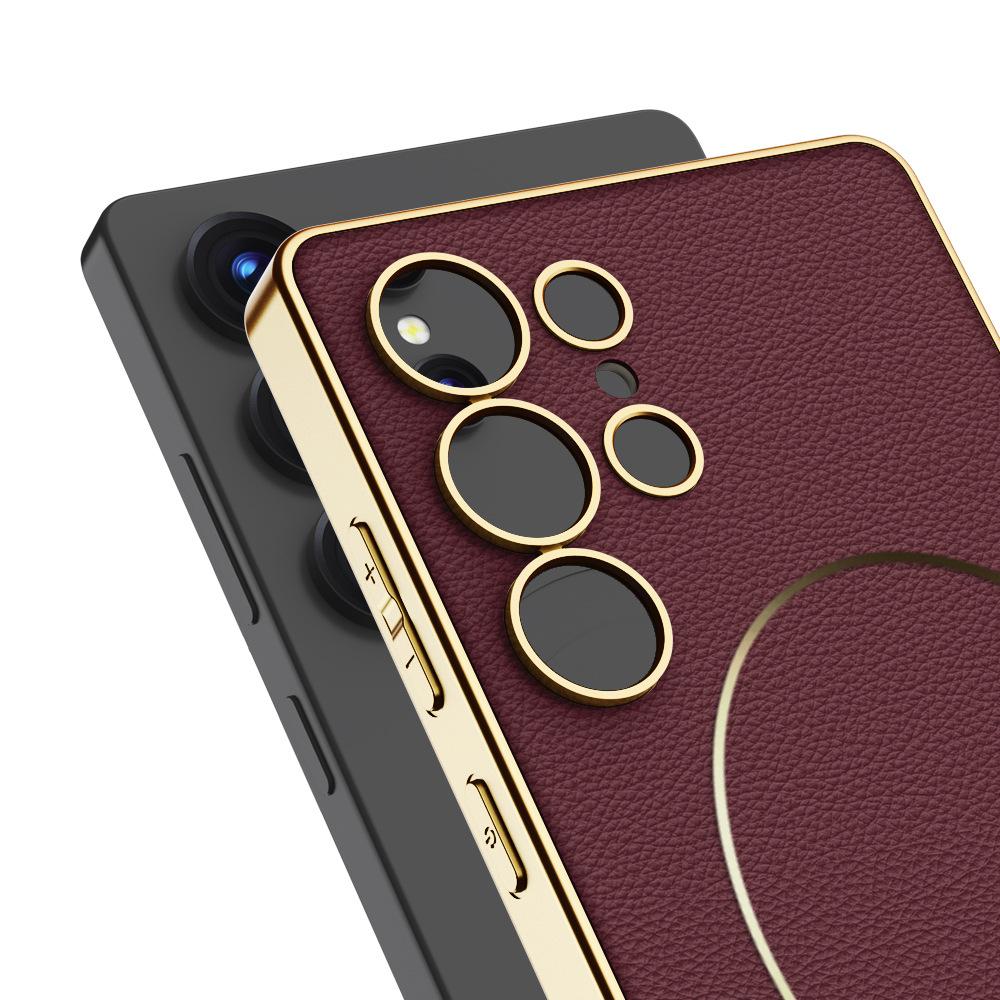 Samsung S25 Ultra Mobile Phone Case S24u Electroplating Plain Leather S23ultra Wireless Charging Anti Fall Protection Case