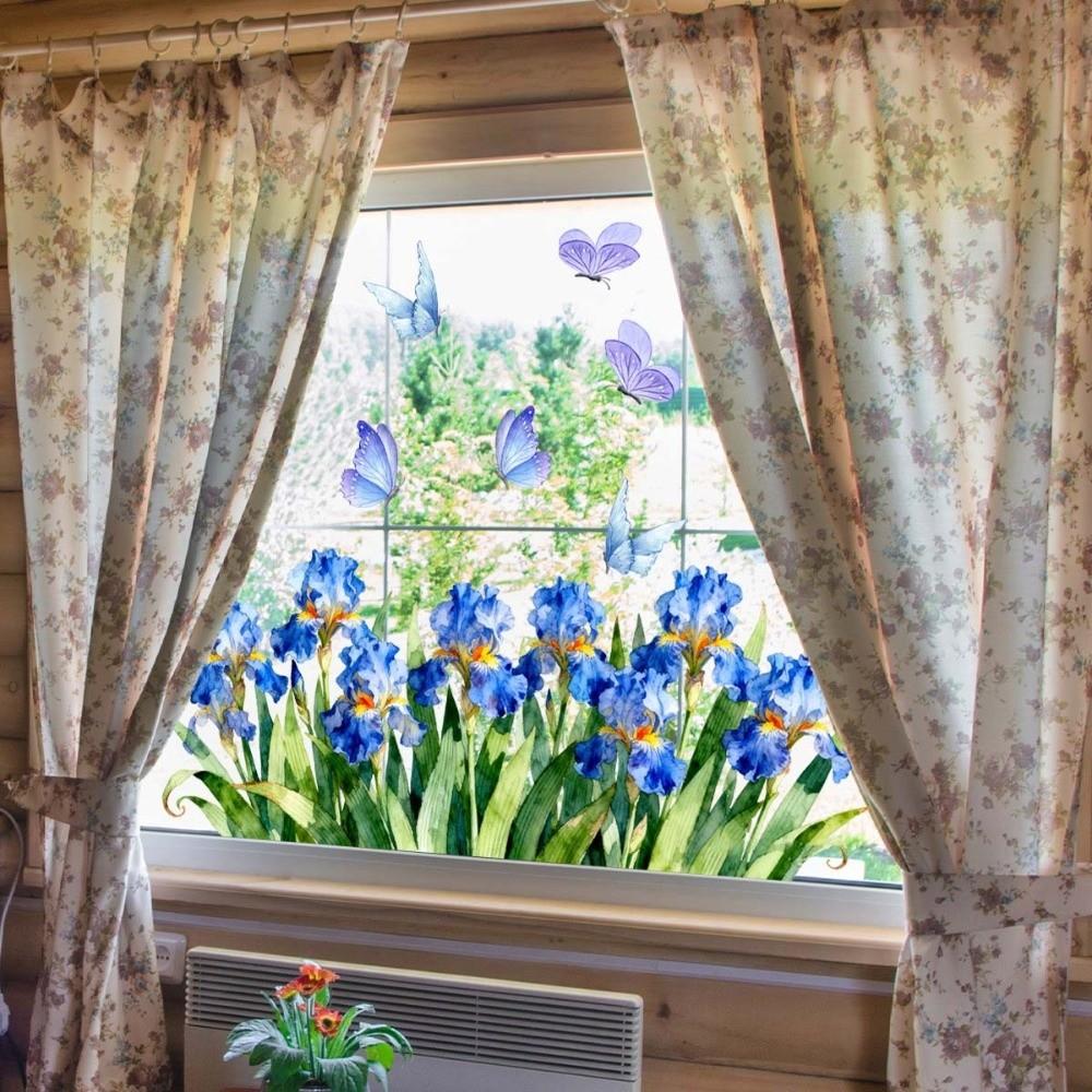 Tulip and Leaf Colorful Flower Window Stickers Glass Wall Decal Flower Butterfly Glass Electrostatic Film Floral Print Rose