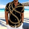 Men's Black Gold Luxury Short Sleeve Shirt, Spring Summer Business Vacation Casual Blouse, Loose Casual Top