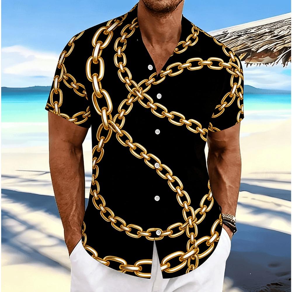 Men's Black Gold Luxury Short Sleeve Shirt, Spring Summer Business Vacation Casual Blouse, Loose Casual Top