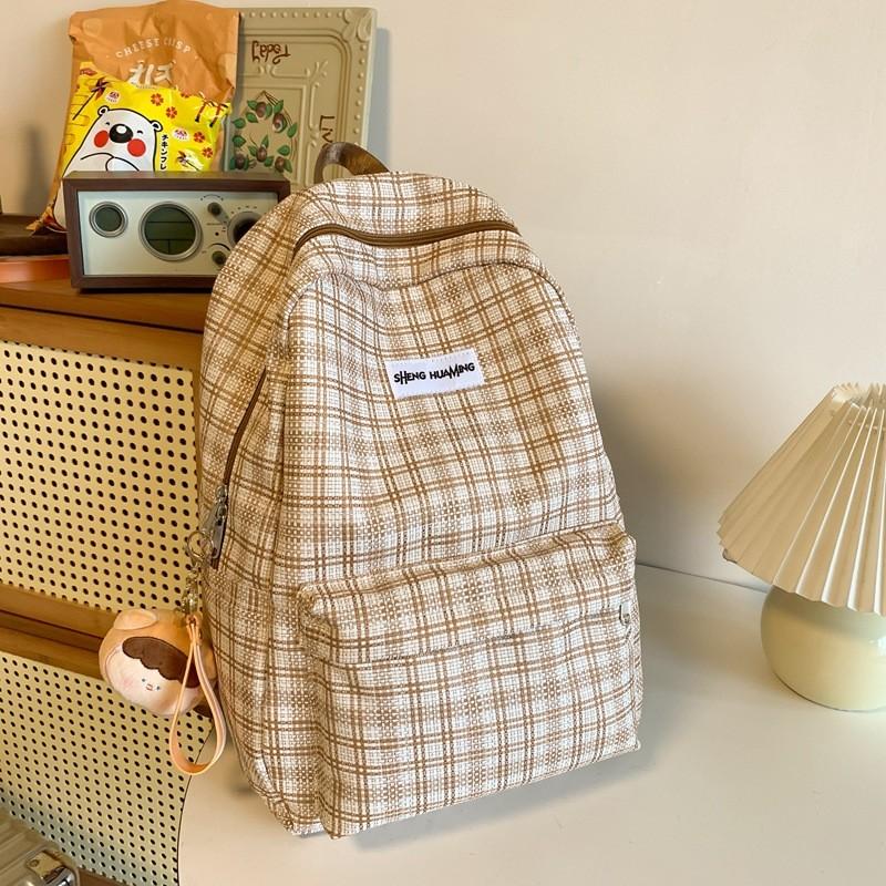 Checkered Letter Pattern Student Casual Backpack With Plush Pendant For Casual Travel