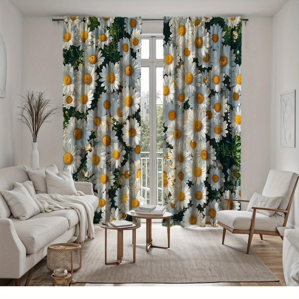 2D Płaskie   35x90 cali   2 szt. Zasłony z Nadrukiem Kwiatowym - Białe Stokrotki z Żółtymi Środkami na Zielonym Tle   Idealne do Salonu