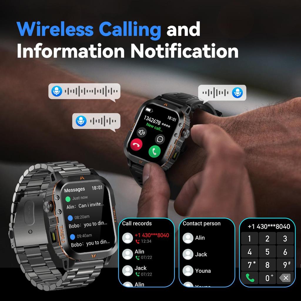 Robustes und langlebiges Militär-Smartwatch 1500mAh Akku 30-Tage Blouetooh Anruf Multifunktionalität, LED-Taschenlampe 150 Sportmodi Android iPhone.