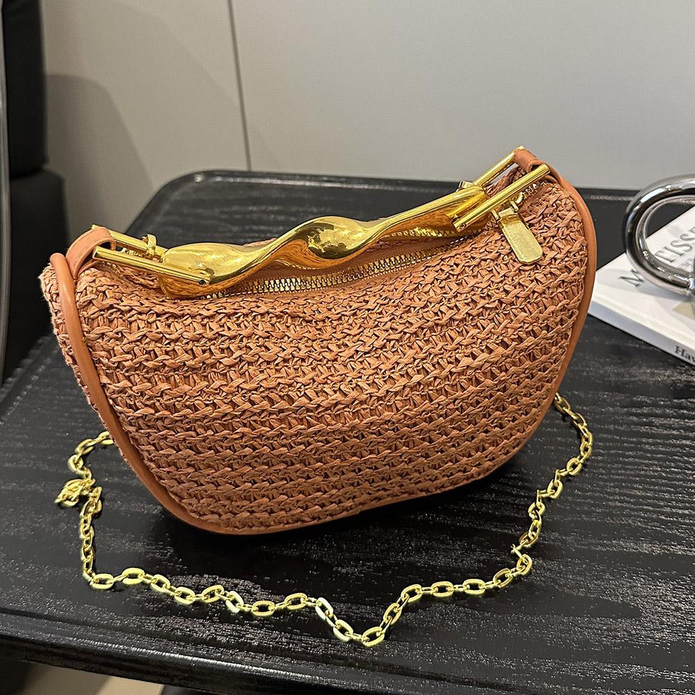 

Women Handwoven Shoulder Bag with Metal Handle Elegant Knitting Sling Bag Trendy Straw Handbag Seaside Straw Handbag коричневий