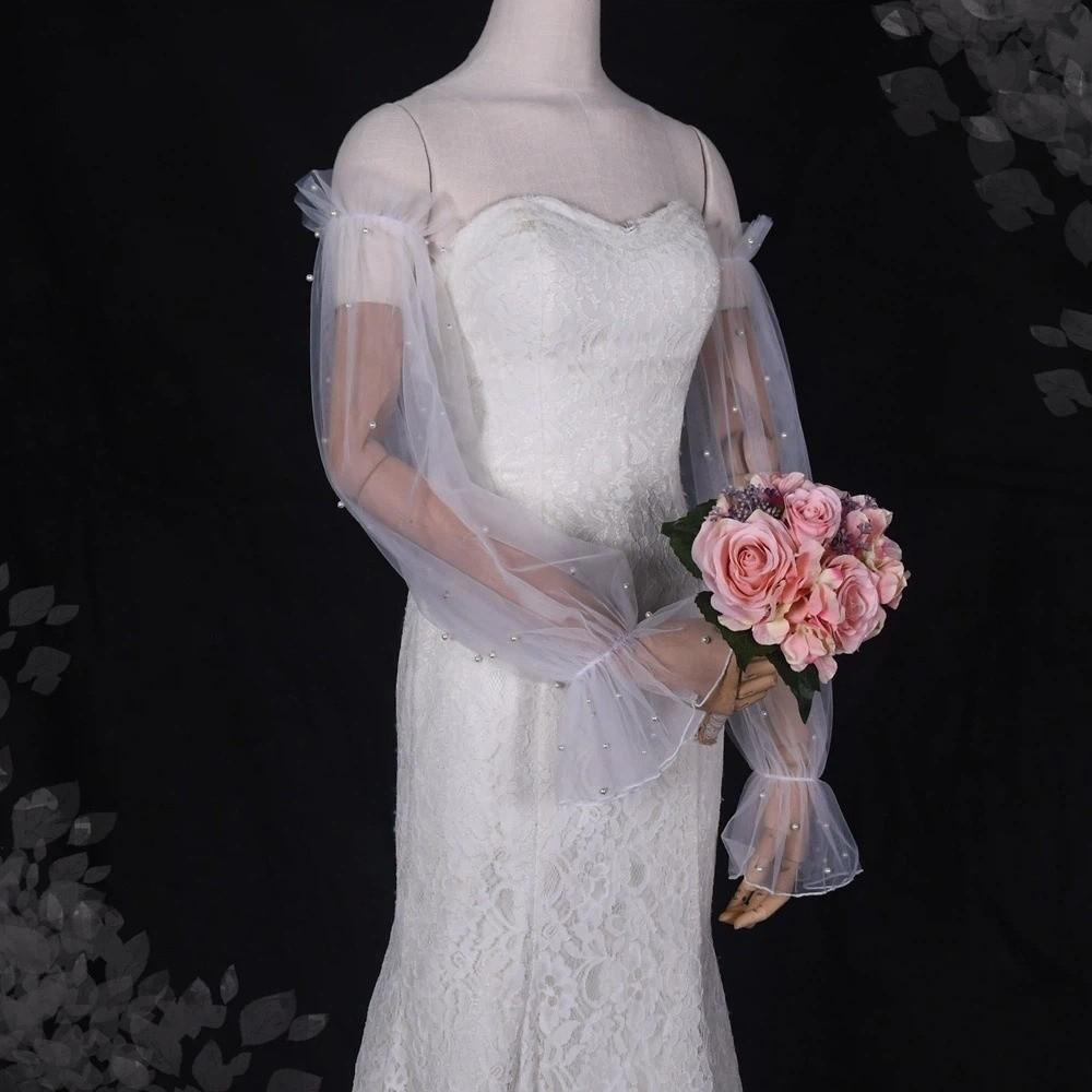 Decorative with Pearl Bridal Sleeves Wedding Dress Elastic Cuff Wedding Arm Sleeves Puffy Tulle Sleeve Party