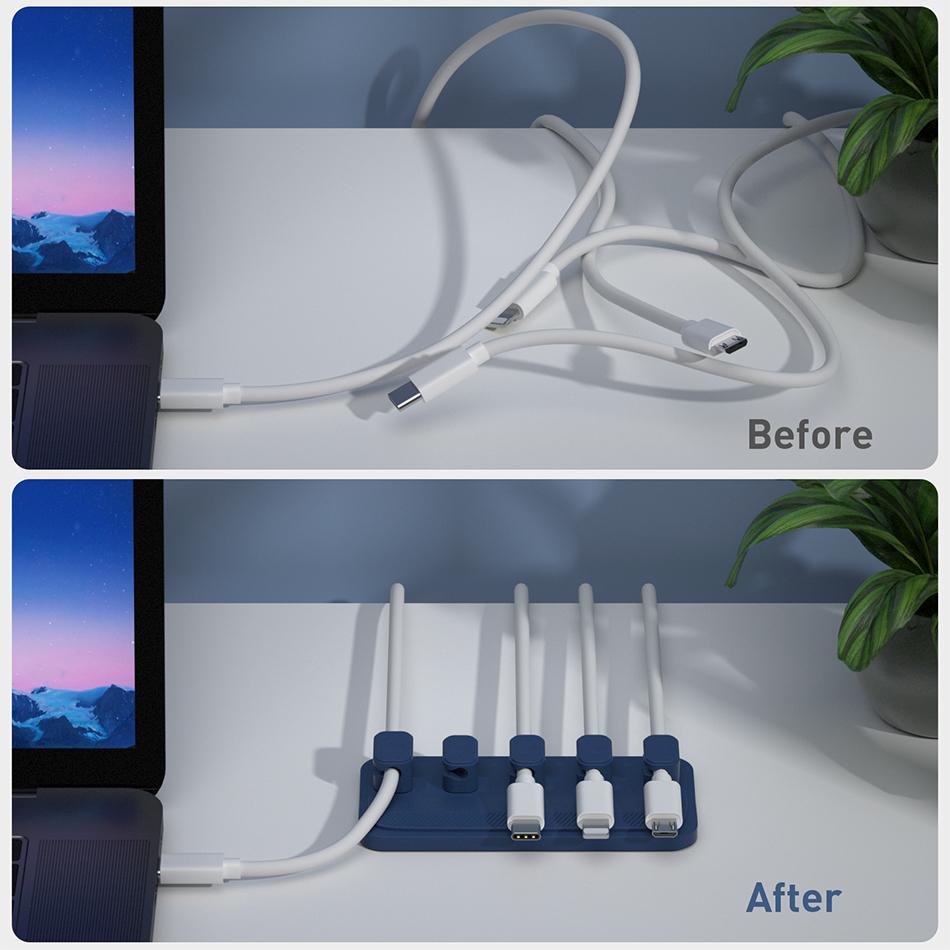 Car Mounted Magnetic Cable Management, Silicone Cable Clamp, Desktop Multi-purpose Wire Holder, 5 Clips for Lighting USB C Micro
