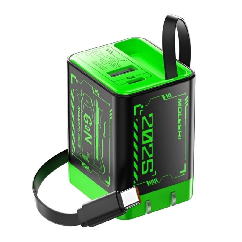 Portable Fast Speed 67W Charging Adapter With Retractable Cord Cable Double USB A+C Port For Phone Tablet Laptop Devices