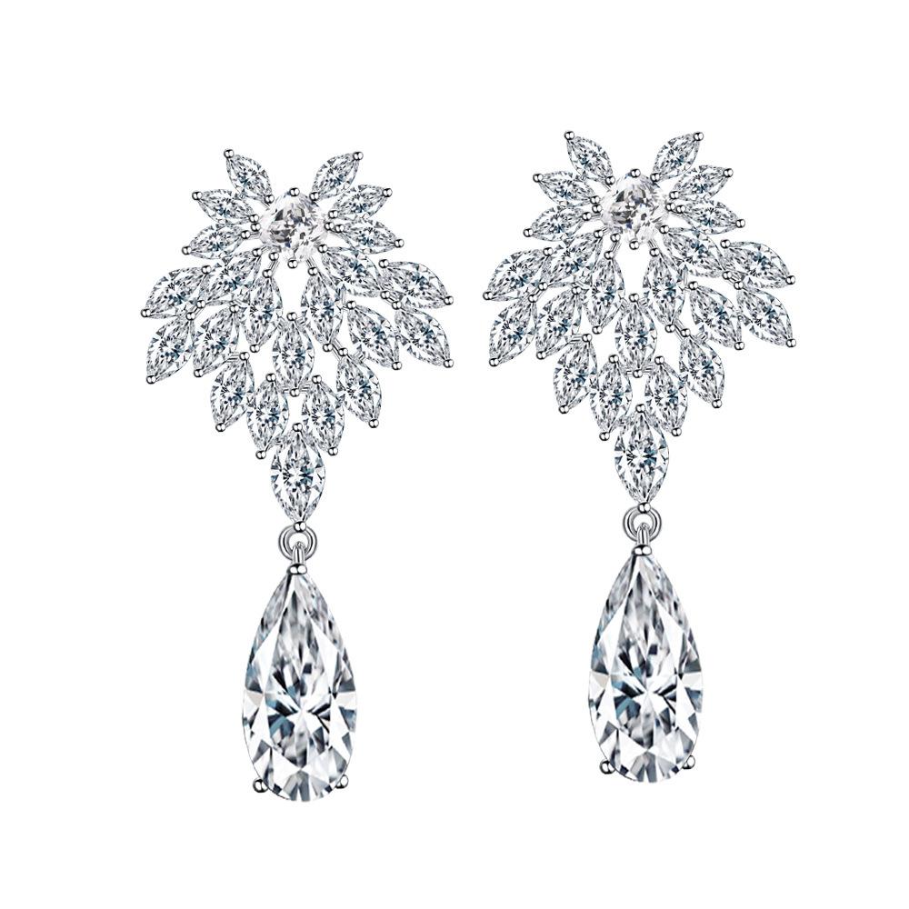 Temperament Light Luxury Long Water Drop Micro-Inlaid Zircon Earrings Full Of Diamonds Floral Celebrity Earrings Dress Wedding Earrings