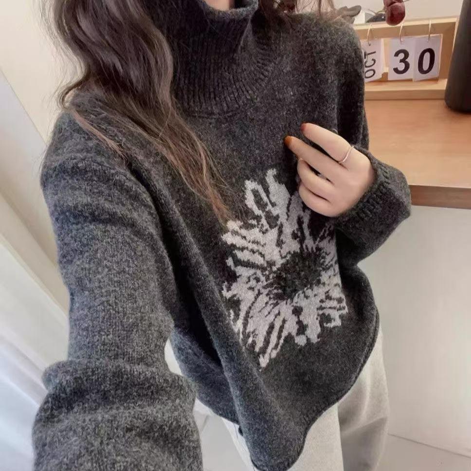 High Neck Knitted Sweater with Vintage Jacquard PatternSweater Autumn/winter Korean Style PulloverVersatile Loose Top
