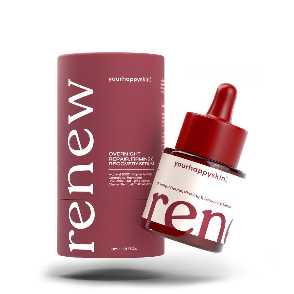 Yourhappyskin Renew Night Face Serum | Copper Peptide, Bakuchiol (Retinol Alternative), Hyaluronic Acid & Fermented Rice Extract | Wrinkle & Cellul