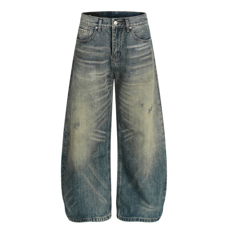 Kisko American Retro Washed Distressed Yellow Mud Curved Knife Jeans Unisex Design Loose Straight Pants Trendy
