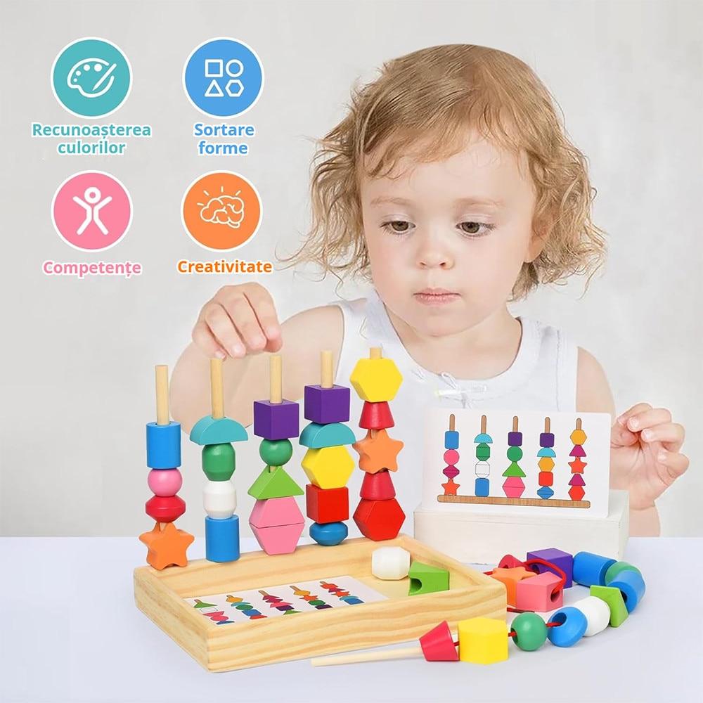 Montessori Bead Sequencing Set, Wooden Bead Toys for Toddlers, Color Matching Shape Stacker, Educational Toys for Preschool Learning Ages 2-5